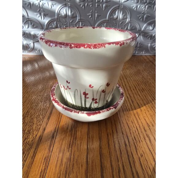 4" Wine Sponge Paint Hand Painted Floral 4" Planter Pot W/saucer - Picture 4 of 6